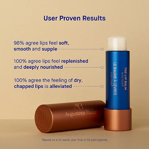 Image 3 - An image of a blue and brown lip balm container against a beige background with text that highlights user feedback percentages, stating that 98% agree lips feel soft, smooth, and supple, 100% agree lips feel replenished and deeply nourished, and 100% agree the feeling of dry, chapped lips is alleviated, along with the brand name Augustinus Bader.
Image 4 - An orange-brown tube labeled Augustinus Bader is centered against a blue background, with descriptions of four key ingredients: TFC8, Shea Butter, Castor Seed Oil, and Lip Plumping Complex, detailing their benefits for skin and lips.