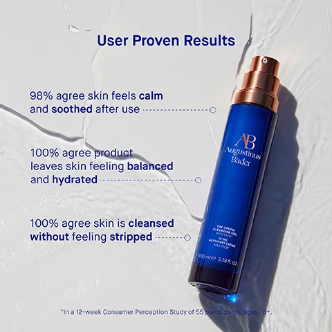 Image 3 - A blue bottle of Augustus Bader cleansing gel is shown against a textured white background, with text highlighting user proven results: 98% agree skin feels calm and soothed after use, 100% agree product leaves skin feeling balanced and hydrated, and 100% agree skin is cleansed without feeling stripped.
Image 4 - A blue bottle of Augustinus Bader cream cleansing gel with a copper cap, surrounded by text describing its ingredients including TFC8, cucumber extract, rose flower water, and aloe vera leaf juice, along with their benefits to the skin.
Image 5 - Image shows a step-by-step skincare routine with three images: the first shows a hand dispensing a lotion, the second features a blue bottle with a pump on a wet surface, and the third displays a close-up of a face with droplets of product on the skin; visible text includes Step 1: Dispense 1-2 pumps into hands, Step 2: Apply to damp skin and gently massage in circular motions to form a light lather, Step 3: Rinse thoroughly and follow with your Augustinus Bader skincare routine, and AB Insider Tip: Double cleanse with The Cleansing Balm to tackle stubborn makeup and leave skin feeling clean, yet nourished.
Image 6 - Image showing three skincare products from Augustinus Bader: The Cream Cleansing Gel, The Foaming Cleanser, and The Cleansing Balm, each with descriptions of their texture, key benefits, key concerns, and ideal skin types, stating lightweight gel cleanser, soothing and hydrating, dryness and irritation, ideal for all skin types; cream-to-foam cleanser, illuminating and balancing, oil and makeup removal, ideal for normal to oily skin; balm-to-oil cleanser, nourishing and calming, dryness and stubborn makeup, ideal for normal to very dry skin.
Image 7 - Image shows a skincare routine layout with four steps: 1. Cleanse - THE CREAM CLEANSING GEL, 2. Correct & Hydrate - THE SERUM, 3. Nourish & Renew - THE CREAM, THE RICH CREAM OR THE ULTIMATE SOOTHING CREAM, 4. Perfect & Revitalize - THE EYE CREAM.