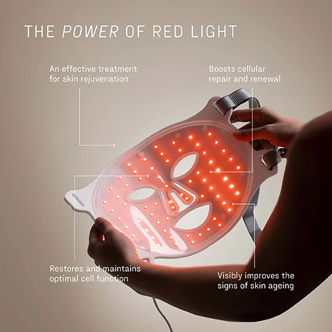 Image 1 - A person holds a white LED face mask glowing with red lights, with text overlays describing its benefits: THE POWER OF RED LIGHT, An effective treatment for skin rejuvenation, Boosts cellular repair and renewal, Restores and maintains optimal cell function, and Visibly improves the signs of skin ageing. Image 2 - A person holds an illuminated white LED light therapy face mask, with visible text stating THE POWER OF NEAR-INFRARED LIGHT, Clinically-proven to stimulate cellular immune response, Enhances blood circulation, Reduces the appearance of scars, and Restores and maintains optimum cell function.