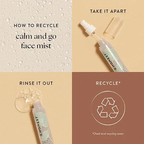 how to recycle calm and go face mist. 1 = take it apart. 2 = rinse it out. 3 = recycle *check local recycling centre.