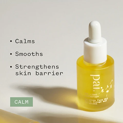 Image 1 - A glass bottle of yellow face oil with a white dropper cap, labeled pai The Light Fantastic Ceramide Face Oil, alongside text listing its benefits: calms, smooths, strengthens skin barrier, and a green box reading CALM.
Image 2 - A hand holds a small yellow bottle of Pai Ceramide Face Oil with visible text indicating that 74% of users said it had a soothing effect on skin, alongside several certification logos, and a note about a study conducted on 54 participants with sensitive skin.