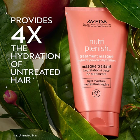 Image 2 - A coral Aveda nutriplenish treatment masque tube is surrounded by green leaves and a mango, featuring text PROVIDES 4X THE HYDRATION OF UNTREATED HAIR * and *vs. Untreated Hair, along with product branding AVEDA THE ART AND SCIENCE OF PURE FLOWER AND PLANT ESSENCES nutri plenish™ treatment masque nutrient-powered hydration masque traitant hydratation à base de nutriments light moisture hydratation légère. Image 3 - A split image shows a woman with long, reddish-brown hair, with the left side displaying frizzy, less defined hair labeled BEFORE and Unwashed Hair, and the right side showing smooth, shiny, styled hair labeled AFTER and Results with Nutriplenish™ Shampoo Light Moisture, Treatment Masque Light Moisture, and Leave-In Conditioner. Blow dried with round bristle brush and style with hair styling iron. Image 4 - A circular abstract image of swirling red, gold, and dark liquid textures is centered on a deep green background with small white dots in the corners, alongside the text SUPERFOOD COMPLEX, Lorem ipsum, POMEGRANATE SEED OIL, COCONUT OIL, MANGO BUTTER, and Hydrates and replenishes dry, depleted hair. Image 5 - The image displays two Aveda Nutriplenish hair masques, a peach tube labeled AVEDA THE ART AND SCIENCE OF PURE FLOWER AND PLANT ESSENCES nutri plenish™ treatment masque nutrient-powered hydration masque traitant hydratation à base de nutriments light moisture hydratation légère and a red jar labeled AVEDA nutriplenish™ treatment masque masque traitant deep moisture/hydratation profonde, arranged with a split coconut, pomegranate fruit and blossom, and green leaves, accompanied by the informational text HOW TO USE, 01 FOR FINE TO MEDIUM HAIR Nutriplenish™ Treatment Masque: Light Moisture, and 02 FOR MEDIUM TO THICK HAIR Nutriplenish™ Treatment Masque: Deep Moisture. Image 6 - The image displays a before and after comparison of a persons dark curly hair, with the left side showing frizzy Unwashed Hair and the right side showing defined, smooth curls, labeled BEFORE and AFTER respectively, with the results achieved using Nutriplenish™ Shampoo Light Moisture, Treatment Masque Light Moisture, and Leave-In Conditioner, blow dried with round bristle brush and styled with hair styling iron. Image 7 - A thick, creamy white swirl of product, like a moisturizer or lotion, is shown on a plain white background with subtle shadowing. Image 8 - The image displays three white certification logos on a backdrop of lush green leaves with striped patterns and a red plant: a circular logo with a large V surrounded by the text 100% Vegan, a logo with the text Certified above a B in a circle and Corporation below it, and a logo with a leaping rabbit and two stars with the text Cruelty Free INTERNATIONAL.