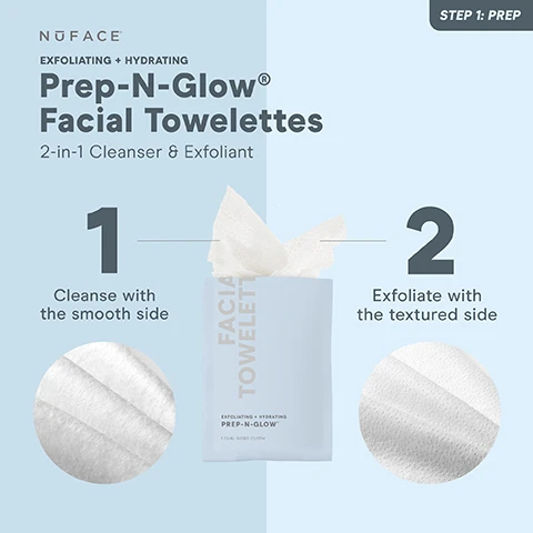 Image 1, exfoliating and hydrating prep n glow facial towelettes. 2 in 1 cleanser and exfoliant. 1 = cleanse with the smooth side. 2 - exfoliate with the textured side. image 2, hyaluronic acid - attracts and hold up to 1000 times its weight in water, helping skin look visibly plumper and more hydrated. grapeseed and maqui berry - superfruit antioxiants that reveal radiance and brighten the skin. saccharomyces copper, manganese, zinc ferments - powerhouse fermented minerals that help improve skin resiliency. image 3, step 1 prep = cleanse with an oil free cleanser, like prep n glow facial towelettes and lightly mist supercharged ion plex mist onto skin. step 2 boost = massage a few drops of your favourite super booster serum into skin until fully absorbed. step 3 activate and lift = apply microcurrent activator in sections as you lift with your nuface microcurrent device. pro tip = reapply supercharged ionplex mist during your lift or throughout the day for a refreshing boost of hydration.