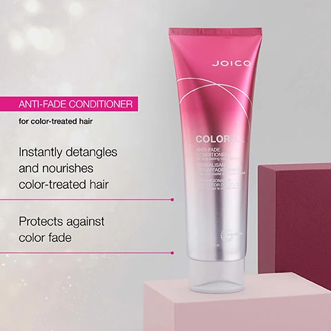 Image 3 - A pink tube of Joico Colorful Anti-Fade Conditioner stands next to pink and maroon blocks, with text that reads ANTI-FADE CONDITIONER for color-treated hair Instantly detangles and nourishes color-treated hair Protects against color fade JOICO COLORFUL ANTI-FADE CONDITIONER for long-lasting color vibrancy REVITALISANT ANTIAFFADISSEMENT pour une vitalité de couleur durable CONDICIONADOR PROTECTOR DE COLOR para alargar la vitalidad del color oz SmartRelease. Image 4 - A bright pink Joico Colorful Anti-Fade Conditioner tube is centered on a light background surrounded by a cut pomegranate, brown powder, a white flower, and oil drops, with text reading Pomegranate fruit extract Rich in fade-fighting antioxidants Helps protect haircolor longevity and Camellia oil Stocked with omega-9 fatty acids + antioxidants Helps seal in moisture & restores shine and on the tube JOICO COLORFUL ANTI-FADE CONDITIONER for long-lasting color vibrancy REVITALISANT ANTIAFFADISSEMENT pour une vitalité de couleur durable ACONDICIONADOR PROTECTOR DEL COLOR para prolongar la vitalidad del color SmartRelease 250 ml / 8.5 fl oz. Image 5 - The image shows a Joico Colorful hair care routine with three products: Anti-Fade Shampoo labeled Step 1 Shampoo, Anti-Fade Conditioner labeled Step 2 Condition, and Glow Beyond Anti-Fade Serum labeled Step 3 Style, with the title Colorful Routine at the top.