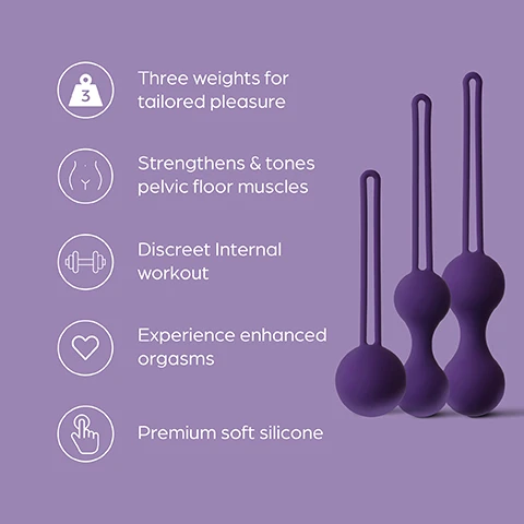 Image 1 - Image shows three purple weighted pelvic floor exercise balls of varying sizes with icons and text indicating their features: three weights for tailored pleasure, strengthens & tones pelvic floor muscles, discreet internal workout, experience enhanced orgasms, and premium soft silicone.
Image 2 - A hand holding three purple pelvic floor training weights with the text Pelvic floor training The weights exercise and tone pelvic floor muscles for the ultimate workout above.
Image 3 - Image shows three purple fitness weights of varying sizes labeled as Level 1, Level 2, and Level 3, with respective weights of 36g, 62g, and 96g, and includes the text Individually weighted Choose from three internal weights for a varied workout.
Image 4 - A hand is holding three purple exercise balls connected by elastic bands against a light purple background, with the text Discreet workout Once inserted, no one will know you are having a discreet workout.
Image 5 - Illustration showing the female reproductive system with labeled parts including uterus and vagina, along with an explanation of how to use a product with water-based lube and a description of muscle reaction.