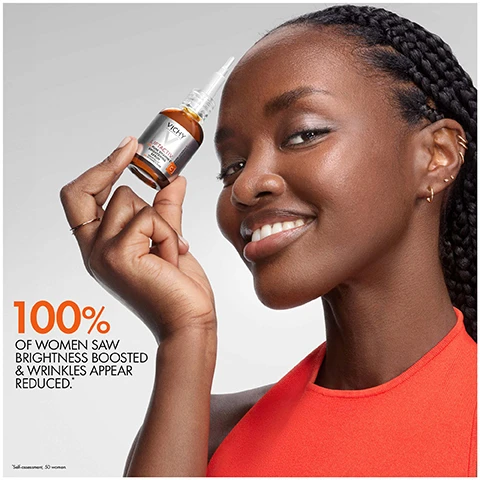 Image 1 - A smiling woman holding a bottle of skin serum with text stating 100% of women saw brightness boosted and wrinkles appear reduced.
Image 2 - An image featuring a close-up of a golden liquid, divided into quadrants, with visible text reading 16% PURE VITAMIN C, ANTI GLYCATION ACTIVES, and NEW & IMPROVED FORMULA.
Image 3 - A glass dropper bottle of Vichy Liftactiv serum is shown with droplets of serum around it, featuring visible text stating quick absorption, non-sticky, and non-greasy.
Image 4 - A portrait of two women facing the camera, one with light skin and blue eyes, and the other with darker skin and braided hair, both smiling; visible text reads FOR ALL SKIN TONES.
Image 5 - An image showing a hand applying a serum from a bottle with instructions; the visible text reads: 1 APPLY EVERY MORNING ON CLEAN & DRY SKIN 2 APPLY A FEW DROPS ON YOUR FACE, AVOID THE EYE AREA.
Image 6 - Image shows a skincare routine for anti-aging, featuring three products labeled as step 1 serum, step 2 cream, and step 3 SPF, with the text ANTI-AGEING DAILY PROTOCOL at the top and descriptions BRIGHTEN, FIRM, and PROTECT under each product.