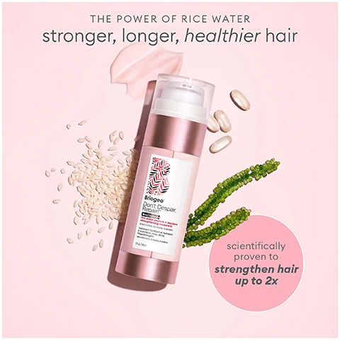 Image 1 - A bottle of Briogeo Dont Despair, Repair! conditioner is positioned on a soft pink background, surrounded by rice grains, light green seaweed, and beige capsules, with text that reads THE POWER OF RICE WATER stronger, longer, healthier hair and scientifically proven to strengthen hair up to 2x.
Image 2 - Side-by-side comparison of hair texture labeled Before on the left and After on the right, with visible shine on the right side and the text HAIR NOT RETOUCHED at the bottom.
Image 3 - Image shows two sections of hair side by side, with the left side labeled Before displaying frizzy and unkempt hair, and the right side labeled After showing smooth, shiny hair; text at the bottom reads HAIR NOT RETOUCHED.
Image 4 - An infographic displays various ingredients like rice, almonds, and oils arranged vertically, accompanied by text highlighting the benefits for hair: PROTEIN + MOISTURE BALANCE stronger, healthier hair, STRENGTHEN with powerful rice water complex, and HYDRATE with rosehip oil, algae extract, B vitamins, Biotin + sweet almond oil.
Image 5 - A side-by-side comparison showing a womans hair before and after styling, with the top images displaying her smiling face and the bottom images showing the back of her head, labeled BEFORE and AFTER; the bottom left corner contains the text HAIR NOT RETOUCHED.
Image 6 - Image shows a comparison of hair transformation with a Before section on the left displaying frizzy, wavy hair and an After section on the right showing smooth, styled hair, with visible text BEFORE and AFTER in the center and HAIR NOT RETOUCHED at the bottom.
Image 7 - Image shows a promotional arrangement of three Briogéo hair care products on a pink background, including a white bottle labeled Briogéo Dont Despair, Repair! super moisture shampoo, a pink pump bottle, and a white jar labeled Briogéo Dont Despair, Repair! deep conditioning mask, with text stating proven to reduce hair breakage by up to 79% and strengthens hair up to 4x.