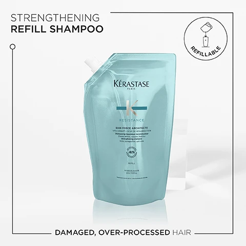 Image 1, strengthening refill shampoo. damaged, over processed hair. image 2, formulated to cleanse and fortify damaged hair at erosion levels 1-2. utilising a vita-ciment complex. hair is left soft, sleek and protected. image 3, vita-ciment. image 4, hovig etoyan global professional ambassador said - in the quest for our desired style, hair strength and condition can be affected by chemical processing or heat styling, damaging it. the solution? resistance.