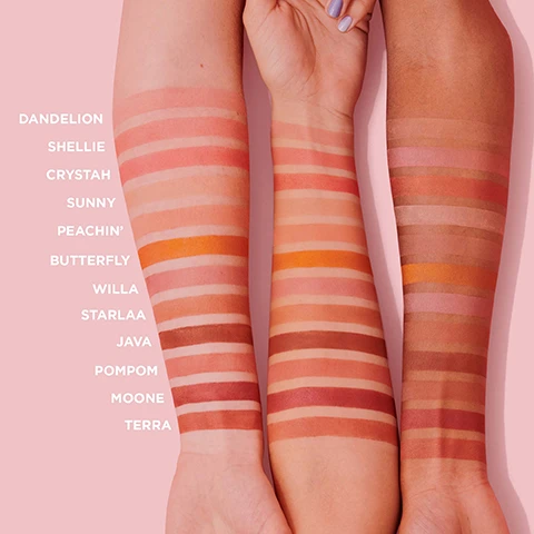 Image 1 - The image shows three arms with swatches of various makeup shades displayed in horizontal stripes against a light pink background, with visible text on the left side listing the shades: Dandelion, Shellie, Crystalh, Sunny, Peachin, Butterfly, Willa, Starlaa, Java, Pompom, Moone, and Terra.
Image 2 - A top-down view of various colored powders arranged in squares, with labeled descriptions including Silky-soft powder, Airbrushed & blurring effect, Blendable & buildable, Ultra-fine, Satins, shimmers & mattes, and Weightless.
Image 3 - Image shows a womans face divided in half; the left side is labeled BEFORE and appears with minimal makeup while the right side is labeled PEPPED UP and features more vibrant makeup, highlighting her eyes and cheeks.