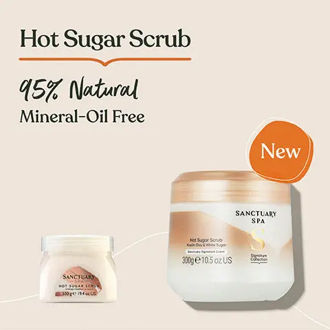 Image 1, hot sugar scrub 95% natural, mineral oil free. NEW packaging Image 2, made with zeolite kaolin clay white sugar Image 3, indulge our signature scent of jasmine, grapefruit and vanilla