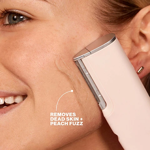 Image 1 - A persons cheek is shown with a light pink and silver facial hair remover removing peach fuzz and dead skin, with the text REMOVES DEAD SKIN + PEACH FUZZ. Image 2 - A close-up of a pink razor blade with a silver edge and a fine safety cage, with text reading MICROFINE EDGE™ Ultimate precision, Closer contact with skin, Upgraded safety cage. Image 3 - A split image of a womans face shows a before and after comparison, with the left side labeled BEFORE and circles highlighting dull and fuzzy skin, and the right side labeled AFTER showing smooth and defined skin. Image 4 - A before and after comparison of a womans face shows the left side labeled BEFORE with highlighted areas described as dull + fuzzy, and the right side labeled AFTER with the same areas described as smooth + glowing. Image 5 - A close-up of a persons face with warm-toned skin, showing the eye, cheek, and mouth, displays the overlaid text: 100% saw instant improvement in skin texture*, 97% had less visible fine lines + wrinkles**, 94% showed improvement in discoloration + dark spots**, *Consumer panel survey using LUXE+ 1x, **Consumer panel survey after 4 weeks.