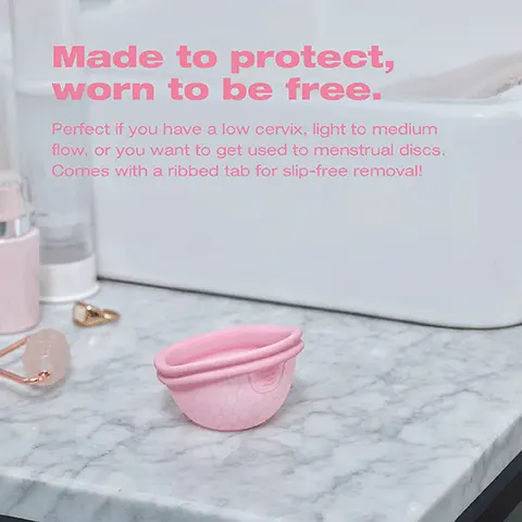 Image 1, made to protect worn to be free. perfect if you have a low cervox, light to medium flow or you want to get used to menstural discs. comes with a ribbed tab for slip free removal. Image 2, ziffy cup 2, size - A, low cervix (44min or lower) light to medium flow, first time menstrual disc user. Image 3, why switch to ziggy cup 2, ribbed tab for slip free removal, two sizes a and b, can be used for up to 2 years, antibacterial and hypoallergenic FDA approved, 100% medical grade silicone. Image 4, ziggy cup 2, front and back, leak proof double rim, hexagon pattern, ribbed tab. Image 5, squeeze, insert, placement, removal.