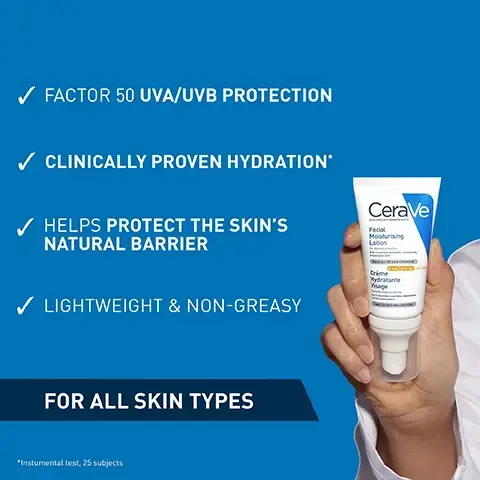 Image 1, factor 50 UVA/UVB protection. clinically proven hydration. helps protect the skin's natural barrier. lightweight and non greasy. for all skin types instrumental test, 25 subjects. image 2, formula with = niacinamide, vitamin e, 3 essential ceramides. Image 3, RECOMMENDED BY EXPERTS "...great option for all skin types as it is lightweight and provides great coverage without causing congestion" FRAGRANCE FREE & NON VED SENIC Visage Peaux Normales à Sèches Protection UV SANS PARFUM ET NON-COMEDO Dr Alexis Granite Consultant Dermatologist