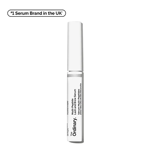 Image 1 - A white cylindrical tube of Multi-Peptide Lash and Brow Serum from The Ordinary is displayed against a plain background, with the text *#1 Serum Brand in the UK* in a bubble above the product.
Image 2 - A close-up of a thick, clear gel with bubbles next to a brush applicator, with text that reads supports healthier-looking lashes and brows and improves the look of volume, fullness, and density.
Image 3 - Image shows a comparison of eyelashes before and after treatment, with the top section labeled Before showing thin lashes and the bottom section labeled After displaying thicker, denser lashes; additional text indicates Enhances the look of lash volume and density and a note about testing on 35 panellists using the product twice a day.
Image 4 - Close-up of a persons eye and brow with a brush applying product to the eyebrow, featuring the text Improves Volume, Improves Fullness, and Improves Density below the image.
Image 5 - Image showing text that lists the key ingredients in a Multi-Peptide Lash and Brow Serum, including sections for Targets Lash & Brow Density and Nourishes Lash & Brows, with specific ingredients under each section.
Image 6 - A close-up image of a woman applying a product along her lash line, with instructions on the left that read: How to Use, Cleanse and dry the application area, Apply thin layer along the lash line and eyebrows, Apply 2x daily, AM and PM, for 4 weeks for best results, and signed Julia D, Retail.