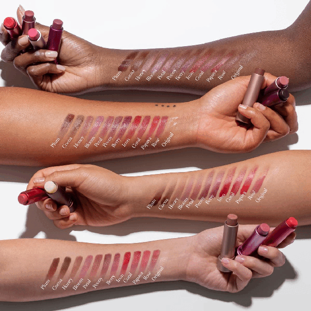 Image 1, swatch image. Image 2, 24 hour hydration, 97% agreed lips looked and felt smoother*. 95% felt it moisturized, softened and protected**. 94% said it enhanced their natural lip colour**. *Instrumental test 11 subjects. **self-assessment 62 subjects, 4 weeks. Image 3, ingredients and their benefits