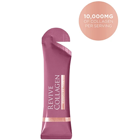 Image 1 - A dark pink sachet of Revive Collagen Enhanced Plus is displayed next to a circular badge stating 10,000MG OF COLLAGEN PER SERVING. Image 2 - A pink background displays a purple-pink sachet of Revive Collagen Enhanced Plus resting on a pool of orange-pink liquid, with a small amber gel capsule nearby, alongside text that reads: REVIVE COLLAGEN ENHANCED PLUS, World-first collagen supplement for radiant skin & healthy hair. Packed with 10,000mg of Type 1 Marine Collagen. Hydrolysed Keratin - Helps promote healthy, strong hair. Retinol - Boosts collagen production & skin renewal for a radiant complexion. 100% Vitamin B6 & B12 - Helps reduce tiredness & fatigue. 100% Vitamin C & D - Powerful antioxidant that helps aid in collagen production & works to brighten the skin. Great-tasting Tropical flavour! Image 3 - A before and after image showing a persons temple area, with the left side showing sparse hair and visible scalp and the right side showing significantly denser hair, labeled BEFORE and AFTER. Image 4 - A pink background shows a pink Revive Collagen Intense Day sachet on the left, labeled x1 Revive Collagen Sachet, 90% to 95% Absorption Rate, which equals a pile of white collagen tablets on the right, labeled x20 Collagen Tablet, 30% to 40% Absorption Rate. Image 5 - An infographic titled HOW COLLAGEN IMPACTS OUR SKIN features a bar chart showing COLLAGEN LEVELS IN THE BODY (%) decreasing from 100% at age 20 to 20% at age 60, alongside three illustrations titled OUR SKIN AS WE AGE depicting skin structure at 35 YEARS, 45 YEARS, and 55 YEARS, highlighting the EPIDERMIS, DERMIS, SUBCUTANEOUS FAT, and WRINKLES, with a legend indicating HYALURONIC ACID, COLLAGEN, and ELASTIN, illustrating a decline in these components and increased wrinkling over time. Image 6 - A purple sachet of Revive Collagen Enhanced Plus lies on a pink surface next to three golden drops, with a CEW UK Beauty Award Winner 2024 badge in the top left corner.