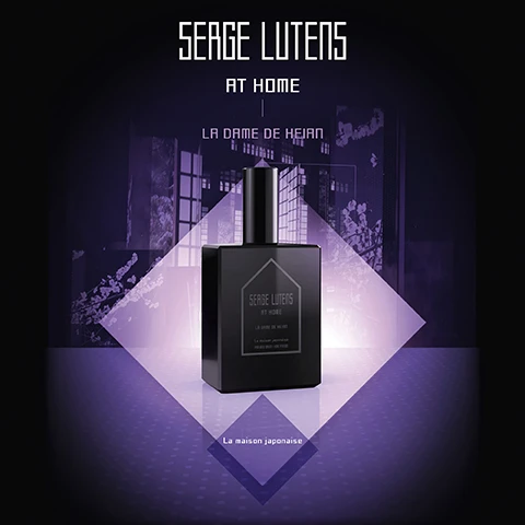 Image 2 - A black perfume bottle with a square shape and a metallic cap is centered in a geometric purple background featuring abstract patterns and the text Serge Lutens AT HOME I LA DAME DE KEJIAN La maison japonaise.
Image 3 - An elegant black fragrance bottle labeled SERGE LUTENS is placed next to a decorative black lantern, set against a dark geometric background with purple accents, featuring the text SERGE LUTENS AT HOME I LA DAME DE KEJAN La maison japonaise.