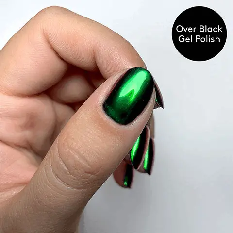 Image 1, 2 & 3 shows the product modelled over a black nail polish. Text- Over black gel polish. Image 4, 5 & 6 shows the product modelled over a nude nail polish. Text- over nude gel polish