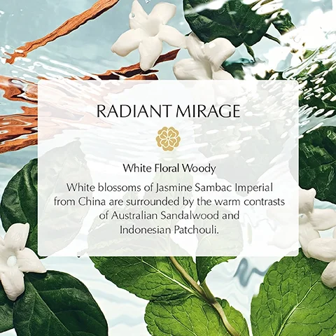 RADIANT MIRAGE, White Floral Woody, White blossoms of Jasmine Sambac Imperial from China are surrounded by the warm contrasts of Australian Sandalwood and Indonesian Patchouli.