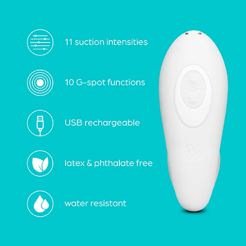 Image 1 - A white personal massager on a teal background with icons indicating 11 suction intensities, 10 G-spot functions, USB rechargeable, latex and phthalate-free, and water resistant.
Image 2 - An image of a white suction device with a smooth, curved shape on a teal background, accompanied by the text Pinpoint stimulation Precise suction stimulation targets the clitoris & external erogenous zones.
Image 3 - A white dual-action pleasure device on a teal background, with text that reads Dual pleasure Feel the vibe, with 11 suction intensities & 10 G-spot patterns.
Image 4 - A white internal stimulator designed for G-spot satisfaction, with a flexible shape, accompanied by the text that reads: incredibly flexible, angle and flex the internal stimulator for G-spot satisfaction.
Image 5 - A white USB rechargeable vibrator is shown against a teal background, with the text USB rechargeable Don’t let the pleasure stop, with easy USB recharging... located above the product image.
Image 6 - Illustration showing a sexual wellness product designed for clitoral and G-spot stimulation, with arrows indicating the locations of the clitoris and G-spot; visible text reads Designed to satisfy Enjoy two pleasure zones at once Gently insert the stimulator into your vagina and surround your clitoris with the suction head.
Image 7 - A white, ergonomic vibrator is displayed on a turquoise background, with measurement details indicating height (5.5 inches), insertable length (4.7 inches), and shaft width (1.5 inches) alongside the labeled parts of the device.
Image 8 - A white vibrator is submerged in water with splashes around it on a bright blue background, and there is text stating that it is water resistant and fully submergible for use in the bath or shower.
Image 9 - Image shows a boxed product with a curved toy, a USB cable, a white storage bag, and a manual, accompanied by the text Whats in the box? 1. Pearl Vibe - Toy 2. USB Cable 3. Storage Bag 4. Manual.