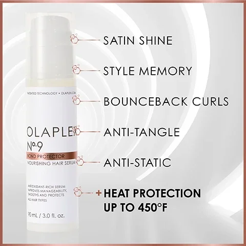 satin shine, style memory, bounceback curls, anti-tangle, anti-static, heat protection up to 450 F