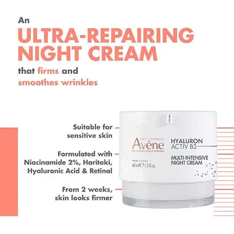 Image 1, an ultra repairing night cream that firms and smoothes wrinkles, suitable for sensitive skin, formulated with niaicinamide 2% haritaki hyaluronic acid and retinal and from 2 weeks skin looks firmer. Image 2, in the morning the skin is soothed, plumped and regenerated. Image 3, creamy texture, non greasy and non sticky finish, orange tint due to presence of retinal. Image 4, Image shows a collection of Avene skincare products arranged in a row, labeled with numbers and categories: 1. BOOST - HYALURON ACTIV B3 Concentrated Plumping Serum, 2. CORRECT - HYALURON ACTIV B3 Triple Correction Eye Cream, 3. REGENERATE - HYALURON ACTIV B3 Cell Renewal Cream, 4. REPAIR - HYALURON ACTIV B3 Multi-Intensive Night Cream.
