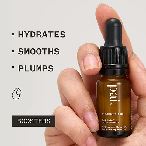 Image 1 - A person holds a brown dropper bottle labeled Pai Hyaluronic Acid with the words HYDRATES, SMOOTHS, and PLUMPS listed beside it, along with a BOOSTERS label at the bottom.
Image 2 - A person holds a small brown bottle of facial serum with a dropper while looking to the side, accompanied by text that reads FANTASTIC TEXTURE, SOOTHING AND LOCKS IN MOISTURE. A MUST-HAVE! followed by TAMARA H and various certification logos.