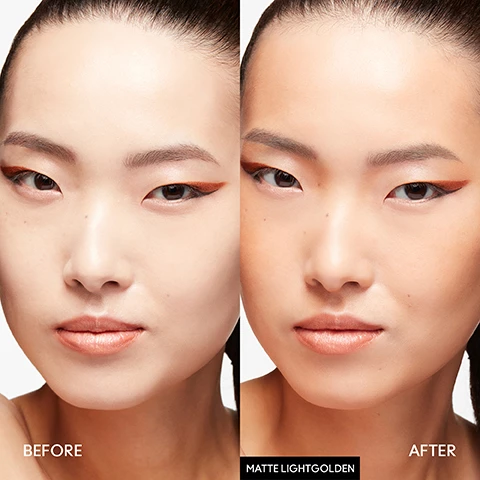 Image 1, before and after. Image 2, swatches on three different skin tones. 1 - matte light rosy, 2 - matte light golden, 3 - medium rosy, 4 - matte medium golden, 5 - matte deep rosy, 6 - matte deep golden, 7 - matte rich rosy, 8 - matte rich golden, 9 - matte richer golden, 10 - matte richer rosy.