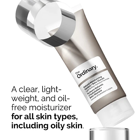 Image 1 - A silver and white tube of The Ordinary moisturizer tilted slightly to the right with text that reads A clear, light-weight, and oil-free moisturizer for all skin types, including oily skin.
Image 2 - A young woman gently applies a skincare product to her face, with text on the left side that reads Apply a small amount to the face in the morning and evening.
Image 3 - A close-up view of a smooth, glossy gel-cream swatch with horizontal ridges and the text Gel-cream texture.
Image 4 - The image displays various skincare products arranged in three categories labeled PREP, TREAT, and SEAL, with each category showcasing different textures such as cleansers, toners, water-based serums, eye serums, anhydrous solutions, oils, suspensions, moisturizers, and SPF.