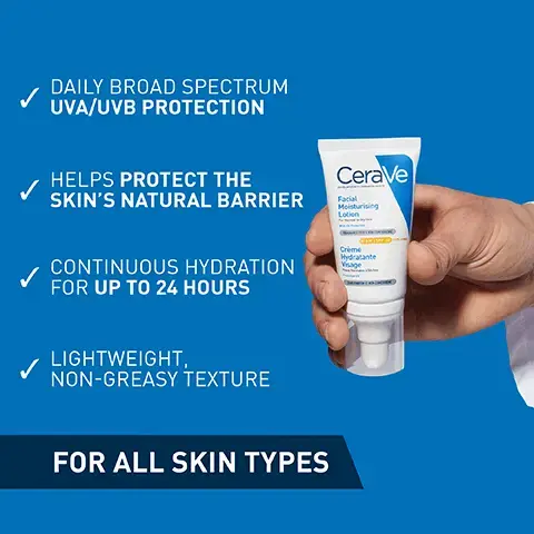 Image 1, daily abroad spectrum UVA/UVB protection, helps protect the skins natural barrier, continuous hydration for up to 24 hours lightweight non greasy texture for all skin types Image 2,RECOMMENDED BY DERMATOLOGISTS a great option for daily use, that protects against both UVA and UVB rays while also being non comedogenic Dr alexis granite consultant dermatologist Image 3, formula with hyaluronic acid, niacinamide, 3 essential ceramides.