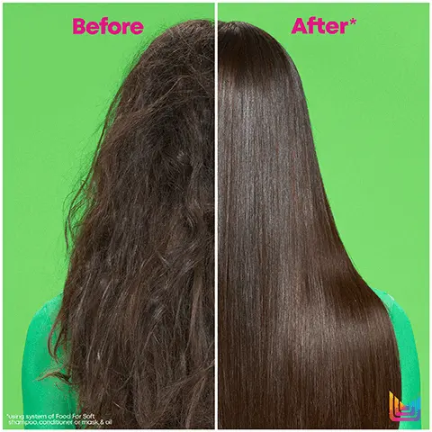Image 1 - Image shows a side-by-side comparison of hair; the left side presents frizzy, unkempt hair labeled Before and the right side features smooth, straight hair labeled After* on a bright green background. Visible text includes: Before, After*, and using system of Food For Soft, shampoo, conditioner or masks, & all.
Image 2 - Image shows a side-by-side comparison of hair with a frizzy texture labeled Before on the left and smooth, defined curls labeled After on the right, against a bright green background; visible text reads Before and After* along with a note about a hair care system for soft hair.
Image 3 - A side-by-side comparison of a persons profile showing their hair before and after treatment, with vibrant green background and visible text Before above the left image and After* above the right image.
Image 4 - A person holds a green bottle of hair treatment with a dropper, displaying visible text that states 7x More Moisture, infused with avocado oil, 450° F / 230° C heat protection, and 72 hours of seriously soft + smooth hair.
Image 5 - A green glass bottle labeled Food For Soft with a dropper lid is lying on a bright green surface, accompanied by text that reads 6x More Hydration, Shine & Heat Protection, and For All Dry Hair.
Image 6 - A green background showcases three hair care products labeled Food For Soft by Matrix, including Hydrating Shampoo, Detangling Hydrating Conditioner, and Multi-Use Hair Oil Serum, with Cleanse, Hydrate, and Seal headings above them.
Image 7 - A hand is holding a halved avocado above a green background while dripping avocado oil from a dropper into a bottle labeled matrix Food for Soft with the text Avocado Oil Locks In Moisture.
Image 8 - A flat lay of three hair care products with green packaging, surrounded by avocado halves on a bright green background; visible text includes Hyaluronic Acid Attracts Moisture and Avocado Oil Locks In Moisture.