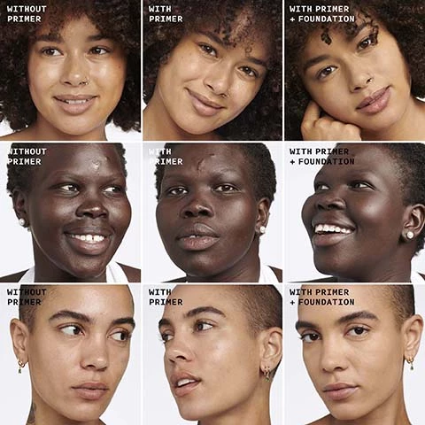 Image 1, without, with and with primer and foundation on 3 different skin tones. Image 2, skin loving ingredients, niacinamide and hyaluronic acid. Image 3, step 1 = apply a think layer to clean skin. step 2 = blend in with fingertips, step 3 = wait one minute for formula to dry. step 4 = follow with makeup or wear alone. Image 4, why use a primer? 3 reasons to try our even better primers: 1 = they lock in makeup for fresh, flawless wear, 2 = they boost hydration, 3 = they're built with skin loving ingredients. Image 5, pick your perfect primer. two special effects both built with skincare. even better light reflecting primer, illuminates skin, radiant finish and silicone free. even better pore defying primer 0 blurs pores plus reduces oil, soft focus finish and silicone free.