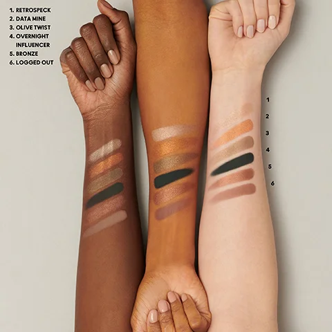 Model arm swatch of all shades, retrospeck, data mine, oilve twist, overnight influencer, bronze and logged out