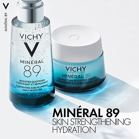 Image 1 - Image shows two skincare products from Vichy: a clear bottle labeled VICHY MINÉRAL 89 with the text BOOSTER QUOTIDIEN FORTIFIANT ET REPLUPANT FORTIFYING AND PLUMPING DAILY BOOSTER and a blue jar labeled VICHY MINÉRAL 89 72H MOISTURE BOOSTING CREAM CREME BOOST DHYDRATATION 72H, with the phrase MINÉRAL 89 SKIN STRENGTHENING HYDRATION prominently displayed.
Image 2 - A close-up of a persons face with a drop of clear serum on their skin while they are touching their cheek, accompanied by the text HYDRATES, PLUMPS, BOOSTS RADIANCE.