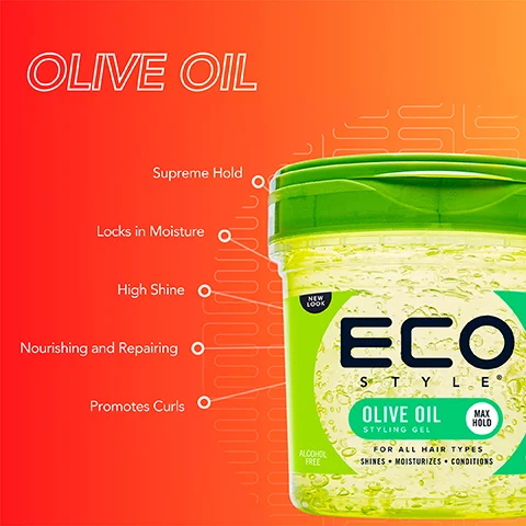 Image 1 - A green jar of Eco Style Olive Oil styling gel is shown against a gradient background, with text highlighting its features: OLIVE OIL, Supreme Hold, Locks in Moisture, High Shine, Nourishing and Repairing, Promotes Curls, and mentions it is alcohol-free.