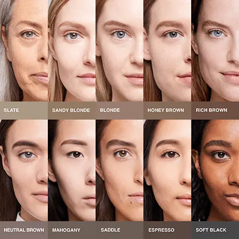 Image 1, slate, sandy blonde, blonde, honey brown, rich brown, neutral brown, mahogany, saddle, espresso and soft black. Image 2, tail arch and head