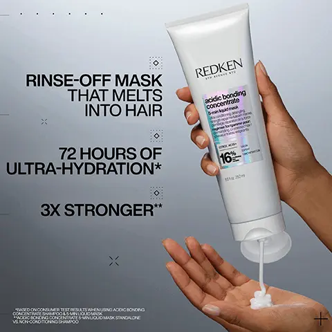 Image 1 - A person is holding a tube of Redkens acidic bonding concentrate rinse-off mask, with visible text stating RINSE-OFF MASK THAT MELTS INTO HAIR, 72 HOURS OF ULTRA-HYDRATION*, and 3X STRONGER**.
Image 2 - Close-up image of white cream-like textures with visible text stating CITRIC ACID + BONDING CARE COMPLEX HELPS REPAIR BONDS + PREVENT FUTURE DAMAGE.
Image 3 - A person with long red hair is shown from the back, with the left side labeled Before appearing straight and frizzy, and the right side labeled After one use showing smooth, wavy hair. Visible text includes BEFORE on the left and AFTER ONE USE* on the right, with smaller text stating *SYSTEM OF ACIDIC BONDING CONCENTRATE SHAMPOOS 5 MIN LIQUID MASK.
Image 4 - Image showing a side-by-side comparison of hair before and after a treatment, with the left image labeled BEFORE showing frizzy, loose curls and the right image labeled AFTER ONE USE showcasing defined, bouncy curls; additional text at the bottom indicates SYSTEM OF ACIDIC BONDING CONCENTRATE SHAMPOO & 5-MIN LIQUID MASK.
Image 5 - A tube of Redken Acidic Bonding Concentrate 5-in-1 Liquid Mask is shown against a textured white background, with visible text that reads LEAVE ON FOR 5-MINS & RINSE, WEEKLY, USE IN PLACE OF CONDITIONER, and CITRIC ACID 16%.
Image 6 - Image shows a close-up of curly hair on the left and a person’s hand holding a tube of Redken hair mask on the right, with instructions and branding text saying AFTER SHAMPOOING USE MASK WEEKLY and APPLY TO MID LENGTHS & ENDS, LEAVE ON FOR 5 MINS & RINSE along with APPLY LEAVE-IN ON DAMP HAIR & STYLE.
Image 7 - A tube of Redken Acidic Bonding Concentrate with a minimalist design, featuring five stars and a customer review stating that the product has transformed damaged hair.
Image 8 - Three Redken hair care products are displayed: a Leave In Bond Repair tube, a Pre-Shampoo Bonding Treatment bottle, and a Hydrating Bonding Mask container, with some product visibly squeezed out beside each.