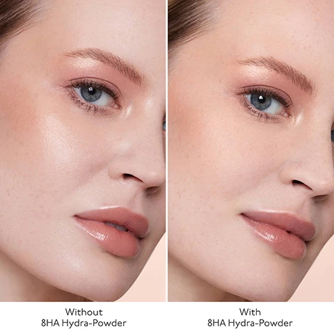 Image 1 - A side-by-side comparison displays a womans face, with the left showing skin with natural texture and lips without a product, and the right showing smoother skin with a blurred finish and hydrated lips after application, featuring text Without 8HA Hydra-Powder and With 8HA Hydra-Powder. Image 2 - A close-up side-by-side comparison of a womans face showing skin texture before and after applying a product, labeled Without 8HA Hydra-Powder and With 8HA Hydra-Powder. Image 3 - An illustration displays a cross-section of skin layers with pink and purple droplets representing hyaluronic acid at different depths, accompanied by text detailing 8x Hyaluronic Acid Types Exclusive Technology, Epidermis Layers, x1 High HA Molecular Weight for Immediate Hydration, x2 Medium HA Molecular Weight Fills Plumps and Smooths, and x5 Low HA Molecular Weight for Long-Lasting Hydration. Image 4 - An open container of white loose powder with its purple lid and a purple retractable makeup brush are shown alongside text that reads Key Ingredients, 100% NATURALLY DERIVED, MATTIFIES & SMOOTHS Silica Spheres, HYDRATES ALL LAYERS 8x Hyaluronic Acid Types Exclusive Technology, By Terry, Clean Formula, and Vegan Formula. Image 5 - An open jar of white powder, labeled TERRY HYALURONIC 8X ACID TYPES EXCLUSIVE TECHNOLOGY HYDRA-POWDER, is depicted with powder spilling onto its purple lid, accompanied by text outlining its benefits: ABSORBS oil & reduces shine for a matte finish, BLURS imperfections & minimises pores, NON-DRYING and ultra-comfort texture, SETS makeup for long-lasting wear, FILLS fine lines & wrinkles. Image 6 - A purple By Terry cosmetics jar lid with the By Terry logo is shown with two open jars of white hyaluronic setting powder behind it, alongside text that reads: 100% agree the result is invisible and the TEXTURE IS NOT TRACEABLE ON THE SKIN. 96% agree the results LOOK NATURAL. 95% agree the powder MAINTAINS SKINS HYDRATION. 91% agree the skin TEXTURE IS SMOOTHER. Results based on consumer study of 21 participants. Image 7 - A diagram presents a 5-step skincare and makeup routine using various By Terry Hyaluronic products, with the text Flawless Skin with Skincare-Infused Makeup, 1 HYALURONIC SKINCARE TREAT, 2 HYALURONIC HYDRA-PRIMER PRIME, 3 HYALURONIC HYDRA-CONCEALER & HYALURONIC HYDRA-FOUNDATION PERFECT, 4 HYALURONIC HYDRA-POWDER SET & MATTIFY, and 5 HYALURONIC GLOW SETTING MIST FIX + GLOW.
