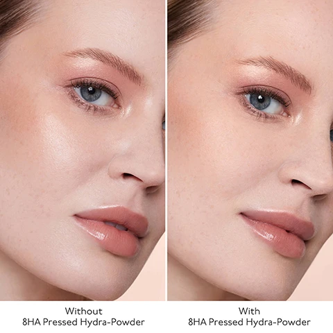 Image 1 - A split image shows a womans face before and after product application, with the left side labeled Without 8HA Pressed Hydra-Powder showing more visible pores and the right side labeled With 8HA Pressed Hydra-Powder showing smoother, more radiant skin. Image 2 - A split image shows a womans face, on the left her skin appears dewy and on the right it appears matte, with visible text reading Without 8HA Pressed Hydra-Powder on the left and With 8HA Pressed Hydra-Powder on the right. Image 3 - An infographic illustrates 8x Hyaluronic Acid Types Exclusive Technology with a 3D cross-section of Epidermis Layers containing pink and purple droplets, explained below as x1 High HA Molecular Weight for Immediate Hydration, x2 Medium HA Molecular Weight which Fills, Plumps and Smooths, and x5 Low HA Molecular Weight for Long-Lasting Hydration. Image 4 - An image shows a compact powder with a purple lid and white powder, surrounded by pink pearls and white powder, with text listing Key Ingredients: SILKY TOUCH & LONG-LASTING HOLD, Mica Pearls; HYDRATES, 8x Hyaluronic Acid Types; MATTIFIES & SMOOTHS, Soft-Focus Powders; and seals for CLEAN FORMULA and VEGAN FORMULA, while the product itself has BY TERRY text. Image 5 - An open silver makeup compact with a mirror, reflecting a purple background with ripples, displaying features labeled NON-DRYING, ABSORBS oil & reduces shine, FILLS fine lines & wrinkles, SETS makeup for long-lasting wear, BLURS imperfections & minimises pores, TRAVEL-FRIENDLY, and BY TERRY. Image 6 - An open white By Terry setting powder compact with a dark purple lid and embossed logo is shown next to customer feedback stating 100% agree the result is MATTE, INVISIBLE AND NATURAL, 100% agree makeup HOLD IS BETTER, 95% agree MAKEUP IS SET, 91% agree pores LOOK SMALLER, with results based on consumer study of 22 participants. Image 7 - The image displays four By Terry Hyaluronic skincare products, including a tube of eye serum, a dropper bottle of global serum, a jar of face cream, and a spray bottle of setting mist, accompanied by the text Hyaluronic Skincare Ritual, STEP 1: Hyaluronic Global Serum, STEP 2: Hyaluronic Global Face Cream, STEP 3: Hyaluronic Global Eye Serum, STEP 4: Hyaluronic Glow Setting Mist, By Terry Hyaluronic Global Eye Serum, 8X Hyaluronic Acids Exclusive Technology, By Terry Hyaluronic Global Serum, 8 Hyaluronic Acids Exclusive Technology, By Terry Hyaluronic Global Face Cream, 8 Hyaluronic Acids & Niacinamide Exclusive Technology, By Terry Hyaluronic Glow Setting Mist, 8X Hyaluronic Acid Types Exclusive Technology, Prime - Fix - Glow Ultra Care Spray, Up to 16HRS, Spray Ultra Soin Préparateur Éclat Fixateur Maquillage.