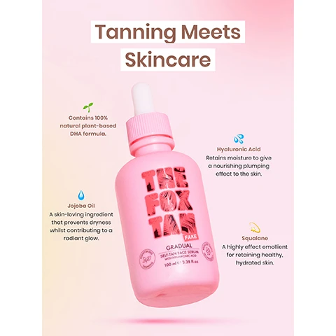 image 1, tanning meets skincare. Contains 100% natural plant based DHA formula. jojoba oil, a skin loving ingredient that prevents dryness whilst contributing to a radiant glow. hyaluronic acid retains moisture to give a nourishing plumping effect on the skin. squalane a highly effective emollient for reatining healthy, hydrated skin. image 2, 1 = prep your glow, exfoliate, shave get squeaky clean skin for a silky smooth base. 2 = glove up bby, our luxe velvet tanning mitt will glide effortlessly alloweing a streak-free glow. 3 = get glowing, apply to your skin liberally using our mitt, making sure to cover your whole bod. 4 = marinate, allow the tan to develop to ensure a flawless, bronzy sun kissed glow.