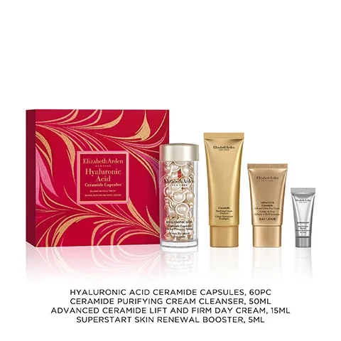 Hyaluronic acid ceramide capsules, 60pc. Ceramide purifying cream cleanser, 50ml. Advanced ceramide lift and firm day cream, 15nl. Superstart skin renewal booster, 5ml.