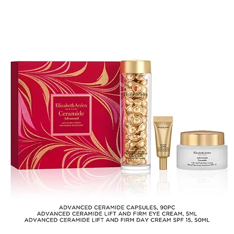 Advanced ceramide capsules, 90pc. Advanced ceramide lift and firm eye cream, 5ml. Advanced ceramide lift and firm day cream SPF 15, 50ml.
