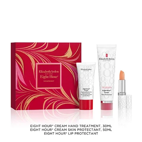 Eight hour cream hand treatment, 30ml. Eight hour cream skin protectant, 50ml. Eight hour lip protectant.