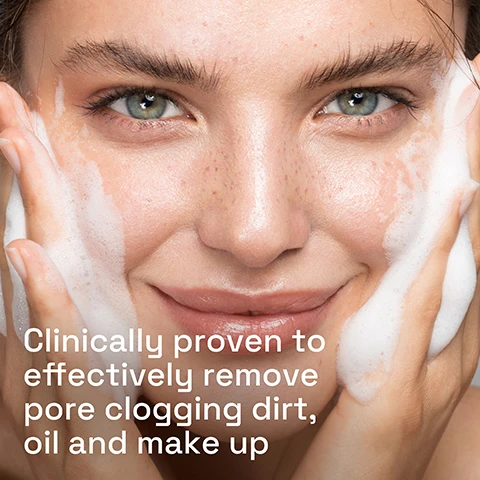 Image 1 - A close-up of a woman smiling while washing her face with a foamy cleanser, with visible text that reads Clinically proven to effectively remove pore clogging dirt, oil and make up.
Image 2 - A close-up of a womans face with a creamy foam cleanser applied to her cheek, accompanied by the text Rich cream-to-foam cleanser for normal to dry sensitive skin.
Image 3 - A droplet of a translucent skincare product is shown against a light blue background, with labels indicating key ingredients: B3 Niacinamide to Restore, B5 Panthenol Pro-Vitamin B5 + Aloe Vera to Soothe, and C3H8O3 Glycerin to Hydrate.
Image 4 - A hand is holding a bottle of Cetaphil Hydrating Foaming Cream Cleanser, with text stating it is fragrance-free, vegan, and does not clog pores, and also mentions dermatologist recommended for sensitive skin.
Image 5 - Image shows a skincare routine for dry to normal sensitive skin, featuring Cetaphil products with labels for each step: Step 1 Cleanse, Step 2 Target, Step 3 Moisturise: AM, and Step 4 Moisturise: PM.
Image 6 - A person is dispensing a foaming cleanser into their palm, with the text Maintains the skin’s natural protective barrier and pH to preserve the microbiome visible alongside the image of a Cetaphil product.
Image 7 - A bottle of Cetaphil Hydrating Foaming Cream Cleanser sits on a bathroom countertop next to a rolled white towel, featuring a label that includes the text Defends Against Dryness Irritation Roughness Tightness Weakened Skin Barrier and Skin Sensitivity 5 Signs.
Image 8 - Logo for Cetaphil featuring the words #1 DERMATOLOGIST RECOMMENDED CLEANSING BRAND.