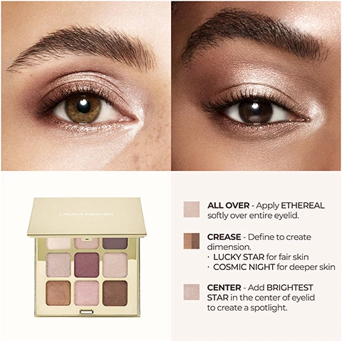 Image 1, all over - apply ethereal softly over entire eyelid. crease - define to create dimension. lucky star for fair skin, cosmic night for deeper skin. center - ass brightest star in the center of eyelid to create spot light. image 2, all over - use stardust softly over the entire eyelid and add to inner corner for highlight. crease - sweep plump magic into the crease to create dimension. corner - add starry night in the outer corner for more definition. image 3, all over - apply divine softly over entire eyelid. crease - sweep starry night into the crease to create dimension. line and define - use cosmic night across upper and lower lash line and define the outer corner for a smokey look.