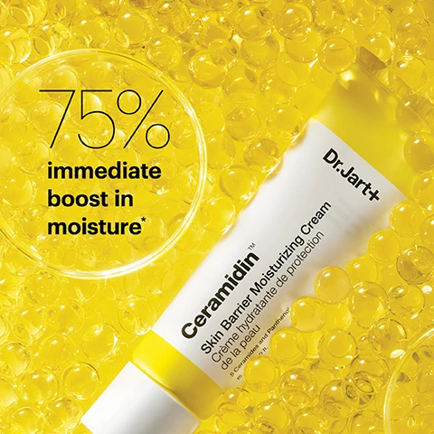 Image 1 - A tube of Dr. Jart+ Ceramidin Skin Barrier Moisturizing Cream is surrounded by yellow bubbles, with large text stating 75% immediate boost in moisture.
Image 2 - A flat lay of multiple tubes of Dr. Jart+ Ceramidin Skin Barrier Moisturizing Cream with a creamy product squeezed out, displayed on a bright teal background, with text that says Strengthens skins barrier* Boosts elasticity*.