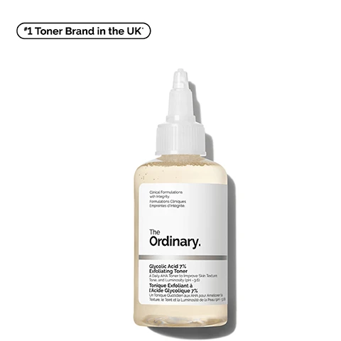Image 1 - A clear bottle of The Ordinary Glycolic Acid 7% Exfoliating Toner with a white label and visible text stating Clinical Formulations with Integrity and Glycolic Acid 7% Exfoliating Toner along with #1 Toner Brand in the UK.
Image 2 - A close-up image of bubbles on a light, reflective surface with three bullet points beside the bubbles stating significantly smoothed skin texture, improves signs of congestion, and instantly boosts skin radiance.
Image 3 - Image showing a comparison of skin tone on a face, labeled Before on the left and After on the right, with a circular areas highlighting changes in the skin; text reads Promotes a more radiant, even skin tone and includes a footnote regarding testing on 30 panellists using the product 1x/day.
Image 4 - A person is using a cotton pad to gently exfoliate and smoothen their skin, with the words Exfoliating and Smoothing displayed below the image.
Image 5 - Image shows a close-up view of a clear toner in a glass container with text outlining key ingredients: 7% Glycolic Acid, which provides surface exfoliation, and Tasmanian Pepperberry Derivative, a source of anthocyanins.
Image 6 - An infographic featuring The Ordinarys Glycolic Acid 7% Exfoliating Toner with illustrations of various product pairings, benefits, and hacks for skincare, including text such as Face Hack, Body Hack, and Elbow Hack.
Image 7 - Image features a skincare regimen diagram with products labeled for each step: A simple regimen for brighter skin, prep includes Glucoside Foaming Cleaner, treat includes Glycolic Acid 7% Toning Solution and Niacinamide 10% + Zinc 1%, and seal includes Natural Moisturizing Factors + Beta Glucan.
Image 8 - An image featuring two toner products side by side with text: on the left, a bottle labeled Saccharomyces Ferment 30% Milky Toner with descriptions including a gentle non-acid exfoliator suitable for sensitive skin; on the right, a bottle labeled Glycolic Acid 7% Exfoliating Toner with descriptions highlighting it as a direct-acid exfoliator best for experienced users. The heading reads What Toner Should I Use?
Image 9 - An image displaying two sizes of skincare products from The Ordinary, a 240 mL full-size bottle of Glycolic Acid 7% and a 100 mL travel-size bottle, with visible text Explore 2 Sizes, 240 mL Full Size, and 100 mL Travel Size.