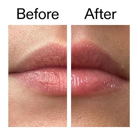 Image 1 - A before and after comparison shows dry, chapped lips on the left and plump, glossy, hydrated lips on the right. Text reads: Before After. Image 2 - A close-up of a persons glossy lips, with a white applicator touching the lower lip, accompanies the text Plumps lips by up to 40% after 4 weeks* *4-week independent clinical study of 20 people under dermatological control. Image 3 - Close-up of a persons glossy lips with a white applicator touching the lower lip, next to text that reads Plumps lips by up to 40% after 4 weeks** 95% agree lips felt instantly nourished and hydrated after first use*, with disclaimers *4-week independent clinical study of 20 people under dermatological control. **4-week independent consumer trial of 20 people under dermatological control. Image 4 - The image displays a close-up of a viscous, golden-yellow liquid with smooth ripples, positioned above text that reads Why we love it, followed by bullet points: Silky, smooth, non-sticky formula; Plumps lips, without stinging or irritation; Pocket-sized plumping at home or on the go. Image 5 - A light yellow, viscous liquid product is on a white background, alongside text that reads: Why it works 6% Tripeptide Complex VISIBLY INCREASES LIP VOLUME FOR PLUMPER-LOOKING, MORE DEFINED LIPS. 2% Ultra Filling Spheres DELIVERS HA WITHIN THE LIP TO PLUMP, RETAIN MOISTURE AND FILL FINE LINES. Image 6 - A close-up shows a white tube dispensing a clear yellowish lip product onto a finger, accompanied by the visible text: How to use USE AM + PM AS NEEDED. APPLY TO CLEAN DRY LIPS. USE AT LEAST 3X DAILY FOR 4 WEEKS FOR OPTIMAL RESULTS. TOP UP AS NEEDED - CONSISTENCY IS KEY. The tube is labeled TRIPLE PLUMP, Plumps and insta, Repulpe et hydrat, 0.33 US fl.