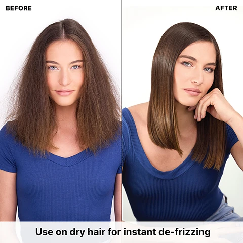 Image 1 - A before and after comparison shows a woman with frizzy brown hair on the left and the same woman with smooth, straight, shiny brown hair on the right, with the text BEFORE, AFTER, and Use on dry hair for instant de-frizzing. Image 2 - A white tube of WOW Color Wow One-Minute Transformation Styling Cream, instantly remoisturizes + eliminates frizz, 50 ml e 1.7 FL OZ, with a black cap, is centered on a light green background, surrounded by icons and text listing its benefits: Recondition dehydrated hair, Groom + gloss short hair, Erase dents from clips + ponytails, Get rid of static, STAT, Instantly banish bedhead, Smooth + tame frizz, Tame + de-puff swollen hair, and Fake a blow-dry in minutes.