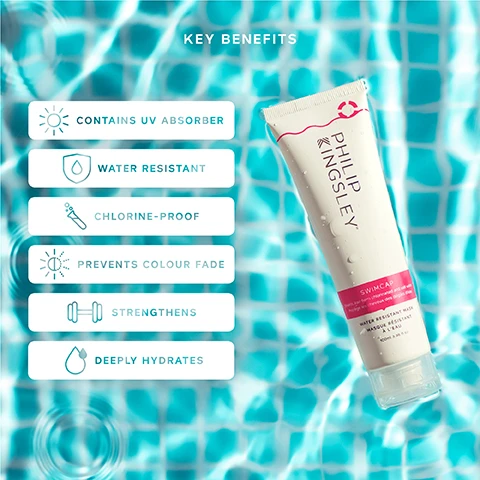 Image 1 - A white tube of Philip Kingsley Swimcap hair product floats in a swimming pool next to a list of key benefits including Contains UV Absorber, Water Resistant, Chlorine-Proof, Prevents Colour Fade, Strengthens, and Deeply Hydrates, with text on the tube reading Philip Kingsley Swimcap Shields hair from chlorinated and salt water Protège les cheveux des dégâts deau Water Resistant Mask Masque Résistant À Leau 100ml 3.38 fl oz. Image 2 - A swipe of cream product on a blue background with text listing key ingredients: KEY INGREDIENTS, HYDROLYZED ELASTIN Increases elasticity without weighing hair down., CASTOR OIL Helps to lock in moisture., OLIVE OIL Makes hair look shiny and healthy. Image 3 - A close-up of hair with a Philip Kingsley Swimcap tube and instructions HOW TO USE 1. Dampen hair with fresh water from the tap or shower. 2. Apply in sections and comb through. 3. Leave on your hair while sunbathing and swimming to guard against sun and water damage. 4. To remove, rinse well then double shampoo. PHILIP KINGSLEY SWIMCAP Shields hair from chlorinated and salt water Protège les cheveux des dégâts deau WATER RESISTANT MASK MASQUE RÉSISTANT À LEAU 100ml 3.38 fl oz. Image 4 - A hand holds a white tube of Philip Kingsley Swimcap Water Resistant Mask against a blue sky, with overlaid text stating 92% reported hair felt PROTECTED during use* and 94% reported hair was NOT DRIED OUT BY SUN OR WATER*, with the note *INDEPENDENT USER TRIALS, and text on the tube reading PHILIP KINGSLEY SWIMCAP shields hair from chlorinated and salt water Protège les cheveux des dégâts deau WATER RESISTANT MASK MASQUE RÉSISTANT À LEAU 100ml 3.38 fl oz. Image 5 - Two tubes of Philip Kingsley Swimcap hair mask on sand with text 200ML Perfect for your gym bag pointing to the larger tube and 100ML Perfect for travel pointing to the smaller tube.